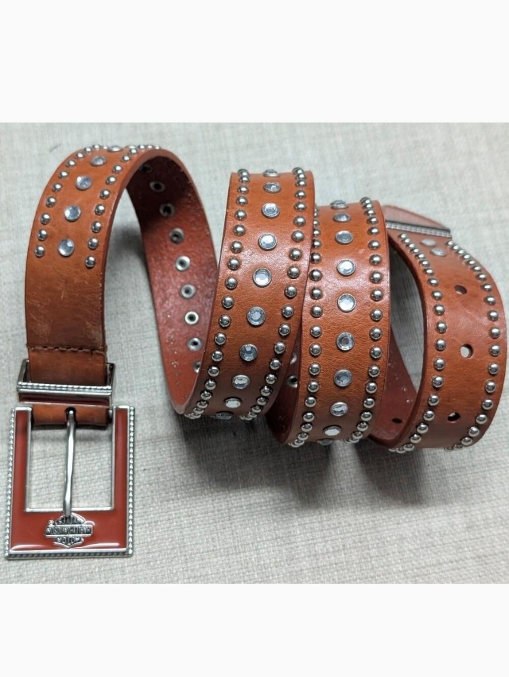 Harley-Davidson Brown Leather Studded Belt with Silver-tone Buckle